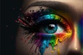 Macro close up of rainbow eye with colorful paint and ink splashes drops. Generative AI Royalty Free Stock Photo