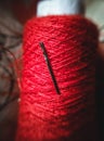 Macro Close-up of red yarn and needle Royalty Free Stock Photo