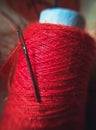 Macro Close-up of red yarn and needle Royalty Free Stock Photo
