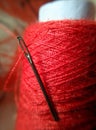 Macro Close-up of red yarn and needle Royalty Free Stock Photo