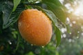 Macro close up of ripe mango with dew drops on tree, ideal wide banner with space for text Royalty Free Stock Photo