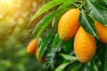 Macro close up of ripe mango fruit with dew drops hanging on tree, wide banner with space for text Royalty Free Stock Photo