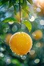 Macro close up of ripe peach with water drops on tree wide banner with space for text