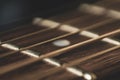 Macro close up shot of acoustic guitar strings on sun shine. Music Royalty Free Stock Photo