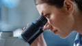 Macro Close-Up Shot of a Beautiful Female Scientist Looking into the Microscope. Woman Royalty Free Stock Photo
