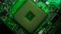 Macro Close-up Shot of CPU Processor Socket on Green Printed Circuit Board or Computer Motherboard Royalty Free Stock Photo