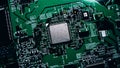 Macro Close-up Shot of Microchip, CPU Processor on Black Printed Circuit Board, Computer Motherboard Royalty Free Stock Photo