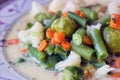 Macro close up shot of mixed vegetable soup in a bowl. Chopped carrot, green beans, cauliflower, brussels showing healthy home Royalty Free Stock Photo