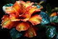 Macro close up shot of a single raindrop on a vibrant blooming flower with free space for text