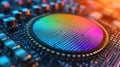 Macro close up of a silicon microchip with glowing iridescent patterns on a high tech circuit board, showcasing advanced nanote