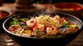 macro close up of steaming bowl authentic ramen combination of fresh seafood and delicious meat captured in bright colors