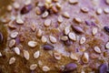 Macro close up of surface german baked seeded grain bread roll with crispy brown crust multiple seeds Royalty Free Stock Photo