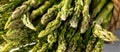 A macro close up view of a bundle of asparagus stalks.