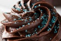 A macro close up view of chocolate frosting on top of a chocolate cupcake with blue sprinkles. Royalty Free Stock Photo