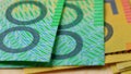 Macro closeup of Australian fifty and one hundred dollar notes. Royalty Free Stock Photo