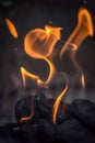 Macro closeup of flames on charcoals in barbecue pit Royalty Free Stock Photo
