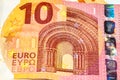 Macro closeup of the 10 euro banknote showing detailed texture, security holograms, fine engraving patterns Royalty Free Stock Photo