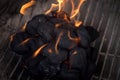 Macro closeup of flames on charcoals in barbecue pit Royalty Free Stock Photo