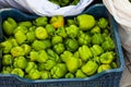 Macro closeup of many green hot peppers in farmer`s market or turkish street food stall in Esilova, turkey Royalty Free Stock Photo