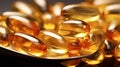 macro closeup Pile of fish oil capsules omega 3 vitamin supplement in spoon