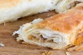 Macro closeup slice of turkish traditional burek with meat Royalty Free Stock Photo