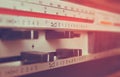 Macro closeup vintage Amplifier dials. retro filtered image. selective Focus Royalty Free Stock Photo
