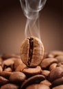 Macro coffee bean with smoke on brown background Royalty Free Stock Photo