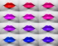 Macro collection of female lips with lipstick in different red, pink, violet and blue color shades.