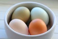 Macro of Colored Raw Eggs from Domestic Fowl in Bowl