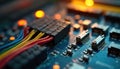 Macro of control cabinet circuit board, connectors. Features intricate wiring, color-coded cables, soft lighting. Electronic Royalty Free Stock Photo