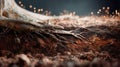 Macro cross-section of forest soil with exposed tree roots and mycelial network, concept of underground ecosystem, soil life and Royalty Free Stock Photo