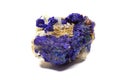 Macro deep blue azurite crystal cluster on white calcite and albite matrix