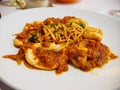 Macro Detail Of Bolognese Squid Spaghetti At Italian Restaurant, Paris, France