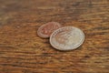 Macro detail of Croatian coins Kuna and Lipa, HRK on the wooden desk Royalty Free Stock Photo