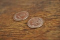 Macro detail of Croatian coins Kuna and Lipa, HRK on the wooden desk Royalty Free Stock Photo