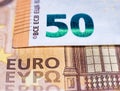 Macro detail with a 50 Euro banknote. Euro is the official currency in European Union Royalty Free Stock Photo