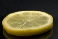 Macro detail of fresh yellow lemon slice split with black background horizontal Royalty Free Stock Photo