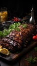 Macro detail of grilled rib eye steak on a wooden table with tomatoes and lemons