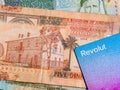 Macro detail picture with 5 Jordanian dinar banknote and a Revolut credit or debit card.