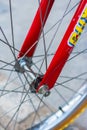 Macro detail of red fork of an eighty kid bike