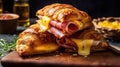 Macro detail shoot of ham and melted cheese croissant on a wooden board