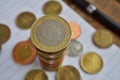 Macro detail of a silver and golden coin in a value of two British Pounds Sterling on the top of coins` pile