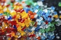 Macro detail of small remains of colored plastic, used in industry. Ai generated