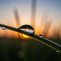 Macro of Dew Drop on Grass at Sunset with Reflections Royalty Free Stock Photo