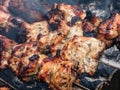 Macro of different kinds of meat on metal skewers - juicy pork and chicken grilling on fire, coals and smoke in grill. Macro of Royalty Free Stock Photo