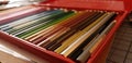 Macro display alignment of colored pencils in neatly ordered assortment
