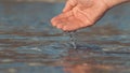 MACRO, DOF: Unrecognizable girl\'s gentle hand splashing glassy river water.