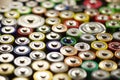 Macro. Dozens of types, sizes, colors of used batteries and accumulators. Recycling