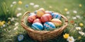 Macro Easter background. Eggs and spring flowers. No signs, no people. AI generated Royalty Free Stock Photo