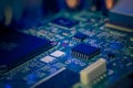 Macro of electronic circuit. Small semiconductors and other electronics. Royalty Free Stock Photo